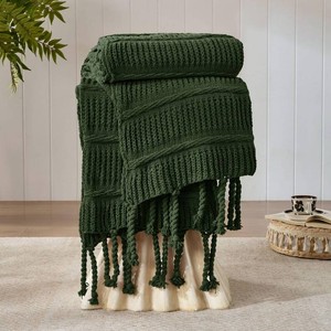 Boho Knitted Chenille Blanket with Tassels - Lightweight & Soft All-Season Throw - 3D Classic Pattern for Living Room Bedroom Couch, Imperial Green, Throw 50x60