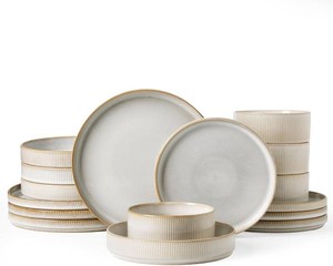 $120 Famiware Star Dinnerware Set with Pasta Bowls, Service for 4 (16pcs), Ribbed Stoneware Plates and Double Bowls Dishes Sets - Chip & Scratch Resistant, Microwave & Dishwasher Safe, Cappuccino White