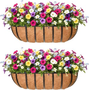 36 Window Box Railing Planter with Coco Liner,2 Pack Horse Trough Planters Black Metal Hanging Flower Planters Basket for Porch Fence Patio Indoor Outdoor Lawn