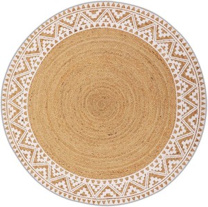 voyzz home Premium Natural Jute Braided Area Rug, 5-feet Round, White Printed Border, Stain Resistance, Natural Handmade Rug for Entryways, Living Room, Dining Room, Bedroom, Farmhouse, Kitchen