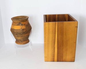 Turned Wood Vase & Wooden Wastebasket
