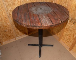 Rustic Wood-Top Bar Height Table  39 Diameter
