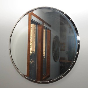 Large Circular Wall Mirror  Silvertone Frame  31.5