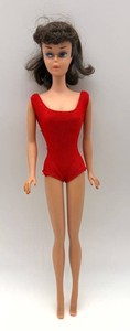 Vintage 1963 Barbie #6 Brunette Ponytail Doll in Red Swimsuit