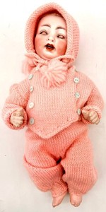 Vintage Hertel-Schwab German Bisque Sleepy Eye Doll in Pink Knit Outfit
