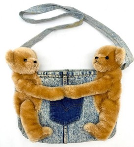 Denim Mohair Teddy Bear Purse With Crossbody Strap