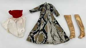 Vintage Barbie by Mattel #977 Silken Flame dress, Winter Wow boots #1486 and faux snakeskin coat