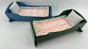 Pair of Wooden Doll Beds With Bedding and Pillows