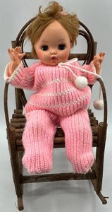 Vintage Horsman Doll With Wooden Heart-Back Chair