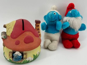 Smurfs Plush Figures & Ceramic House Coin Bank Mixed Lot