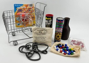 Vintage Mixed Toy & Game Lot With Shopping Cart, Cap Gun, Pick-Up Stiks & Marbles