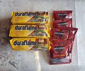 DuraFlame firelogs and beef jerky