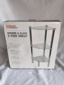 Home Basics, chrome and glass-three tier shelf-NEW