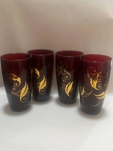 Set of Vintage Ruby Red Anchor Hocking 22kt Gold Leaves Glasses