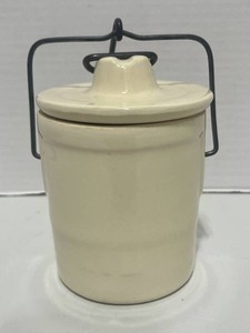 Vintage Beige Stoneware ButterCheese Crock Jar w Clamp Lid 4