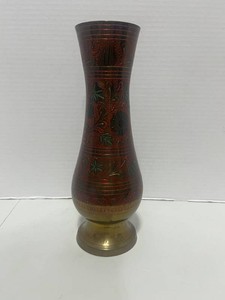 Solid Brass Etched Floral Red and Green Vase India 9.75