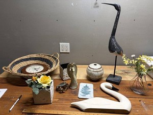 Home Decor Mixed Lot of Pottery, Vase, Carved Wooden Bird, Swan, Clock, Basket, 11 Total