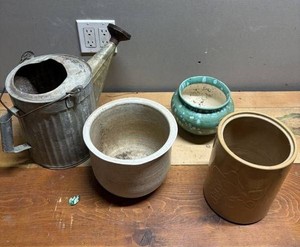 Vintage Watering Can & Ceramic Planters, 4 Total