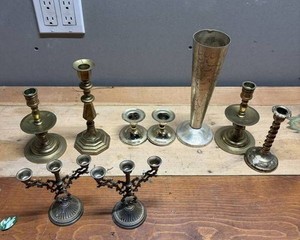 Brass & Silver Candlestick Holders, 9 Total