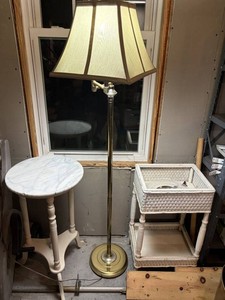 Marble Top Table, Floor Lamp & Wicker Shelf