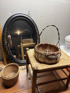 Painted Oval Mirror, Woven Basket & Handled Basket