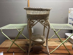 Wicker Plant Stand & Folding Tables & Birdfeeder Mixed Lot