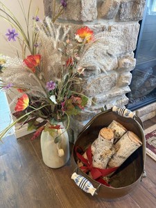 Decorative Birch Log Arrangement in Vase & Metal Basket