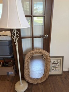 Wicker Mirror, Fish Needlepoint & Floor Lamp, 3 Total