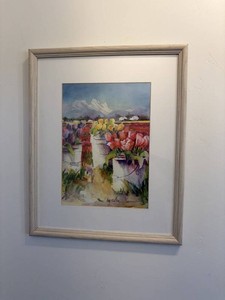 Signed Framed Watercolor Floral Landscape