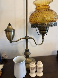 Amber Glass Antique Hobnail Lamp With Salt & Pepper Shakers