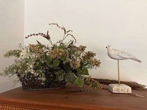 Decorative Dove Figurine & Floral Basket Arrangement