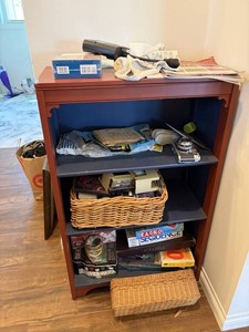 Shelf Cabinet with Board Games, DVDs, Camera & Wicker Baskets