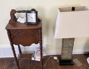 Timex Clock, Carved Wood Cabinet Table & Lamp Mixed Lot