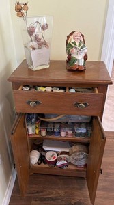 Antique Wood Sewing Cabinet With Mixed Sewing Supplies & Decor Mixed Lot