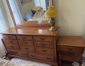 Antique Dresser With Mirror & Nightstand & Antique Glass and Bronze Lamp