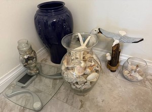 Coastal Decorative Shell Jars, Woodcarved Seagulls, Weight Scale & Blue Vase