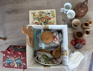 Hand-Painted and Hand carved Folk Art Woodware & Scandanavian Rosemaled Painted Decorative Plates, Cups, Birdhouse, Plate Tray, Matchbox Holder