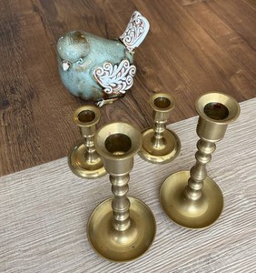 Ceramic Bird Figurine & Brass Candlesticks