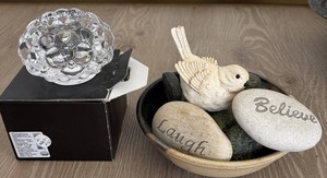 Orrefors Raspberry Clear Crystal Votive - Made in Turkey & Pottery Bowl with Decorative Bird and Inspirational Rocks
