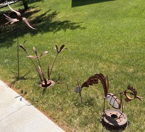 Rustic Artisan Handcrafted Metal Bird Yard Art Mixed Lot, 4 Total