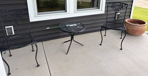 Wrought Iron Patio Chair Set With Side Table & Clay Pot