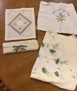 Embroidered Linen Decorative Pieces, 4 Total