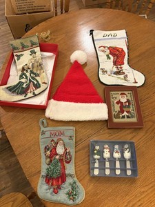 Christmas Stockings, Santa Hat & Holiday Decor Mixed Lot, 6 Total