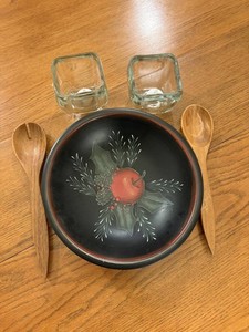 Hand-Painted Bowl With Wooden Servers & Glass Holders Mixed Lot