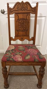 Antique Carved Oak Dining Chair With Upholstered Seat