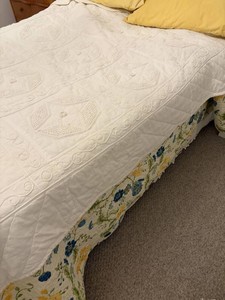 White Quilted Coverlet Bedspread & Queen Bedframe & Pillows