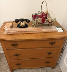 Antique Wooden Dresser & Vintage Rotary Phone, Table Easel & Decor Basket