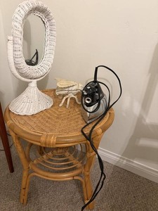 End Table, Wicker Vanity Mirror, Decorative Insect & Steam Iron