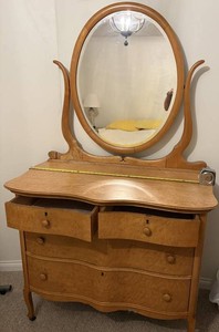 Antique Burl Wood Vanity Dresser With Mirror