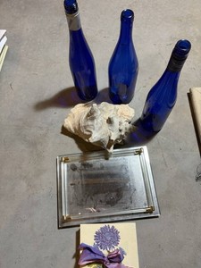 Blue Glass Bottles, Conch Shells & Mirrored Tray Mixed Lot